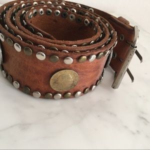 Vintage Moroccan Leather Belt with Silver Coins Coin Embellished Studs M L